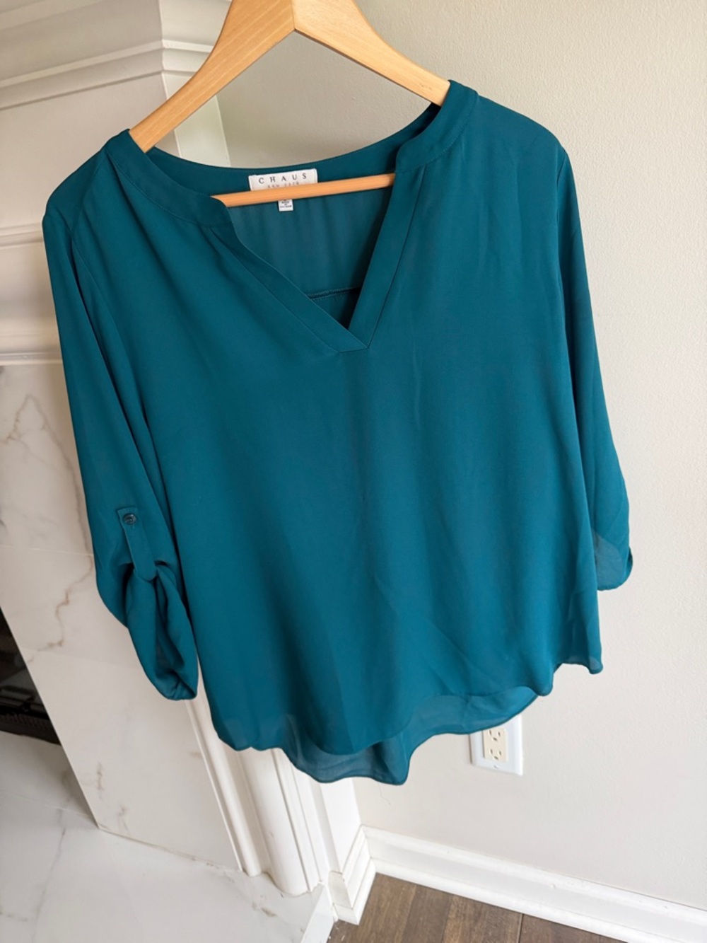 Chaus Teal V-Neck Roll-Tab Blouse